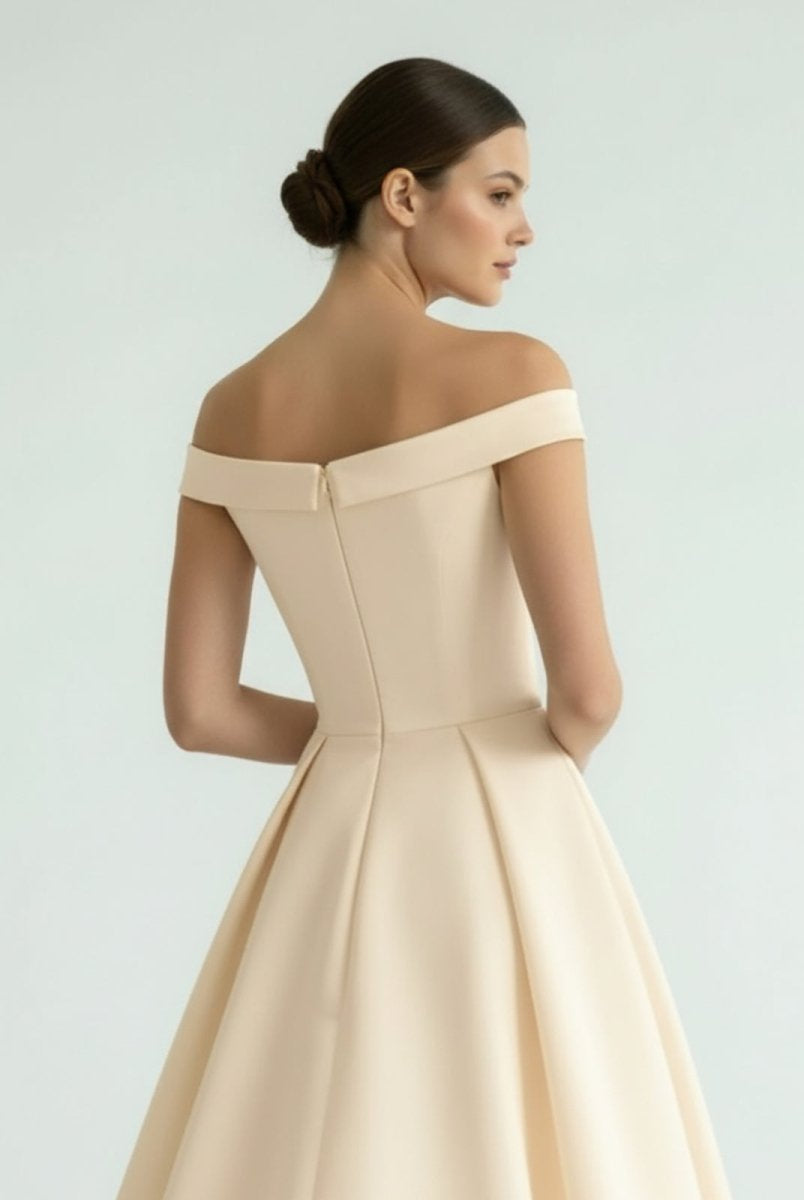Sleeveless Tea - Length Satin Wedding Dress With Sash And Off - The - Shoulder Neck - KissProm