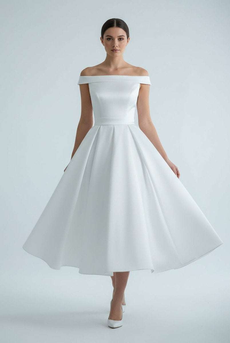 Sleeveless Tea - Length Satin Wedding Dress With Sash And Off - The - Shoulder Neck - KissProm