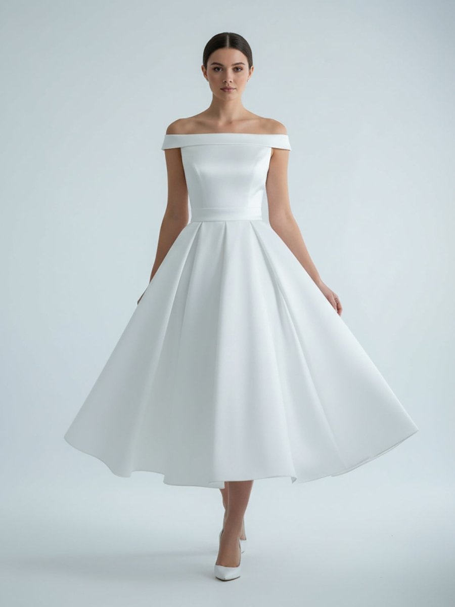 Sleeveless Tea - Length Satin Wedding Dress With Sash And Off - The - Shoulder Neck - KissProm