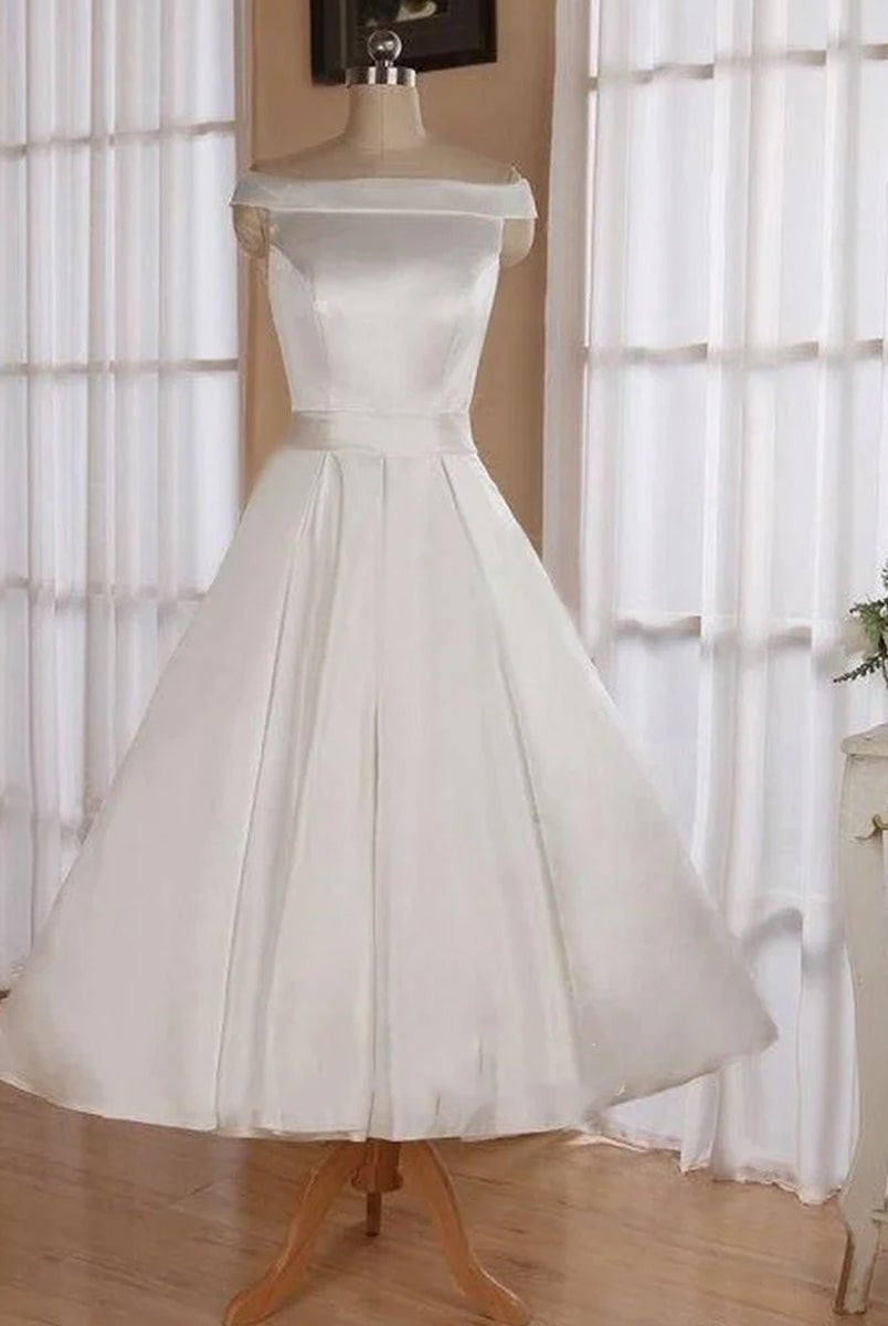 Sleeveless Tea - Length Satin Wedding Dress With Sash And Off - The - Shoulder Neck - KissProm