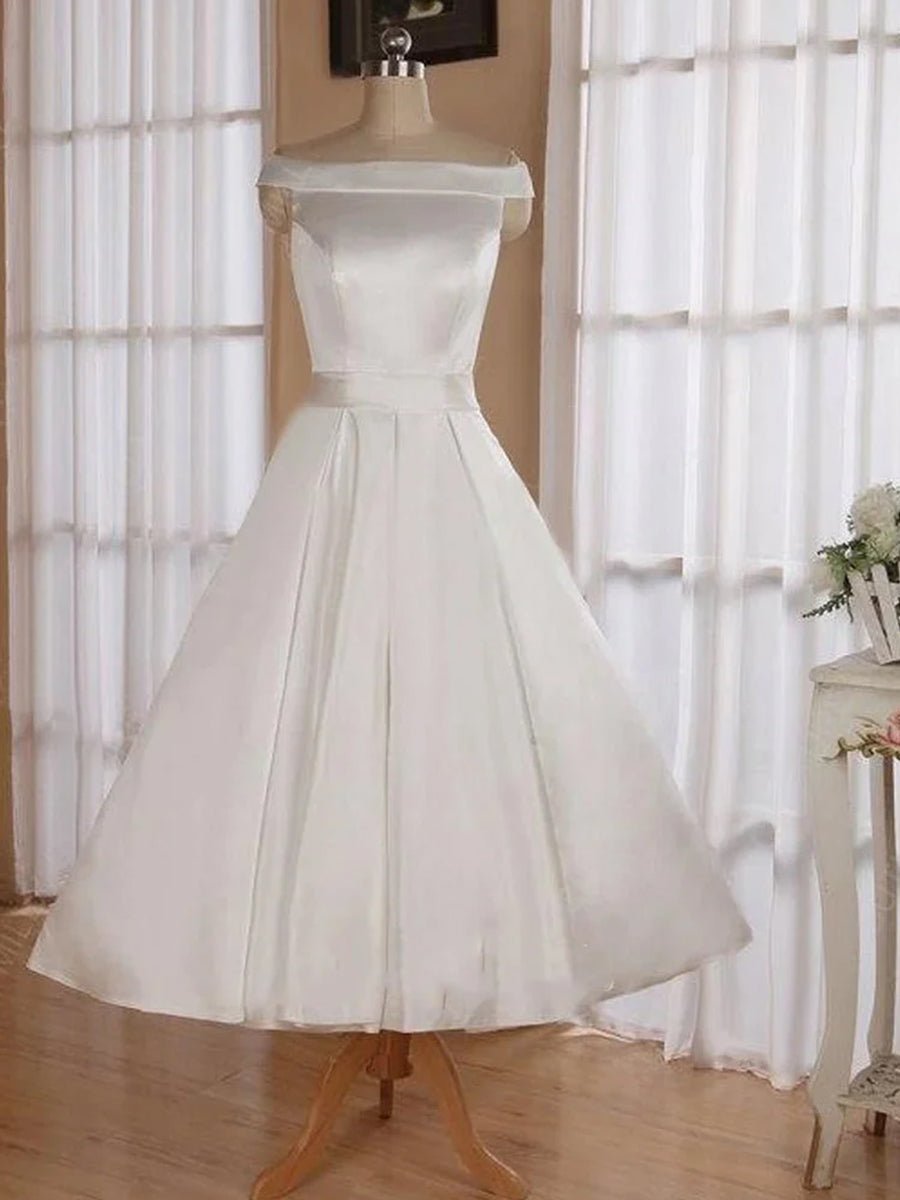 Sleeveless Tea - Length Satin Wedding Dress With Sash And Off - The - Shoulder Neck - KissProm