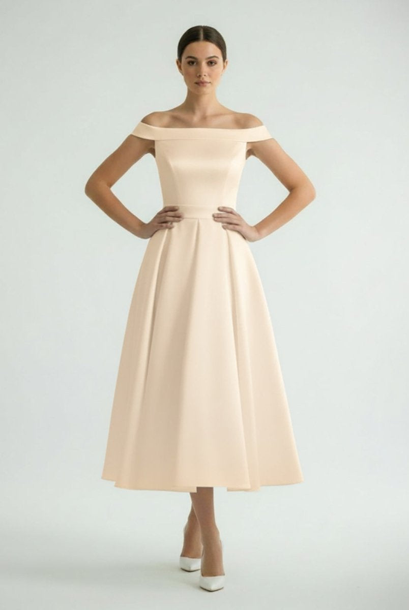 Sleeveless Tea - Length Satin Wedding Dress With Sash And Off - The - Shoulder Neck - KissProm