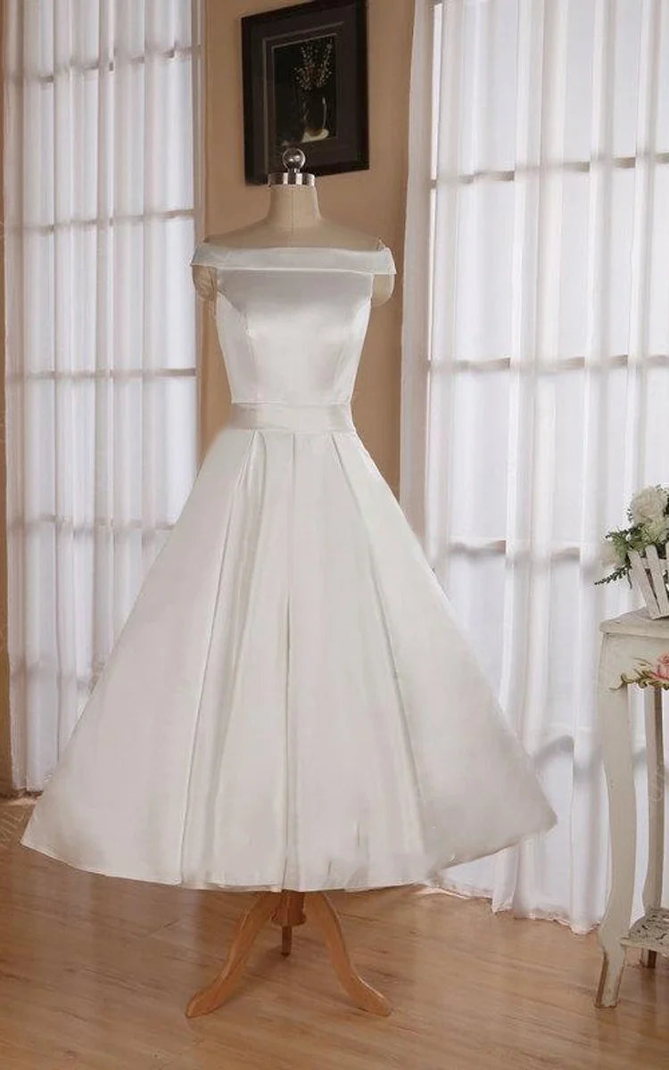 Sheath Satin Tea-Length Square Long Sleeve Wedding Dress with Flowers