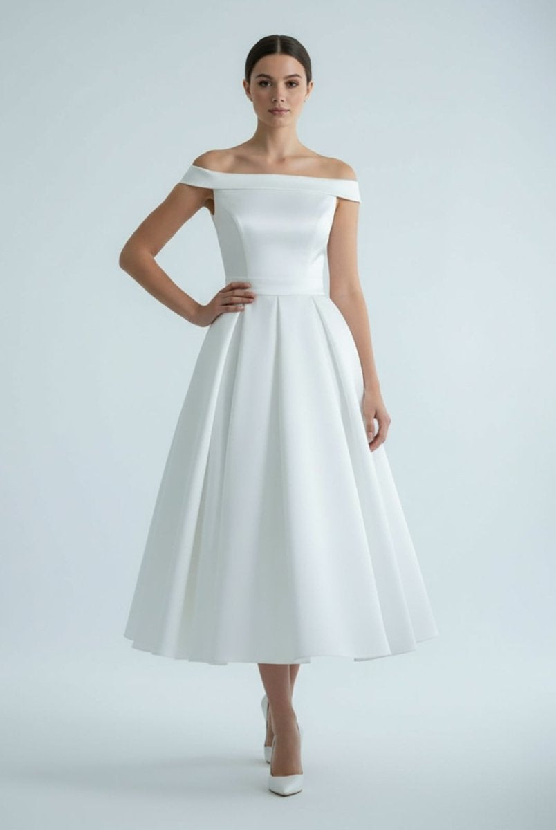Sleeveless Tea - Length Satin Wedding Dress With Sash And Off - The - Shoulder Neck - KissProm