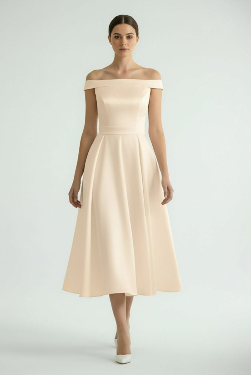 Sleeveless Tea - Length Satin Wedding Dress With Sash And Off - The - Shoulder Neck - KissProm