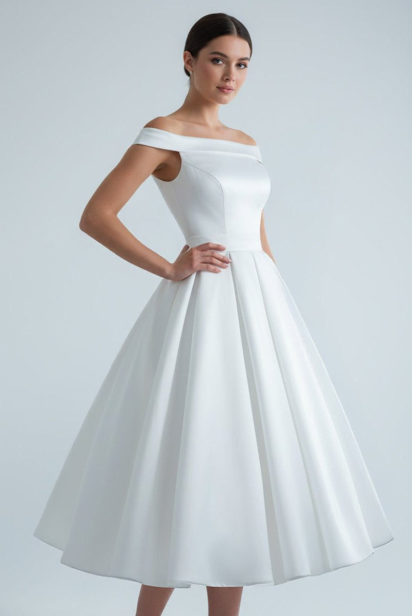 Sleeveless Tea - Length Satin Wedding Dress With Sash And Off - The - Shoulder Neck - KissProm