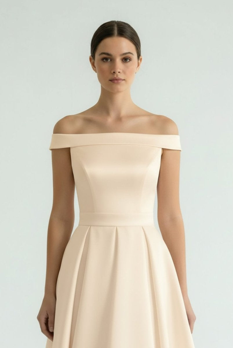 Sleeveless Tea - Length Satin Wedding Dress With Sash And Off - The - Shoulder Neck - KissProm