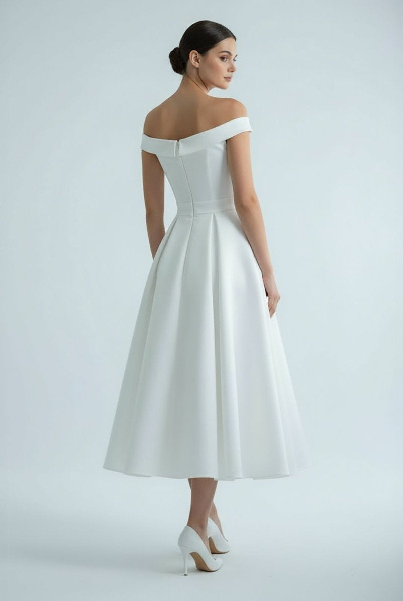 Sleeveless Tea - Length Satin Wedding Dress With Sash And Off - The - Shoulder Neck - KissProm