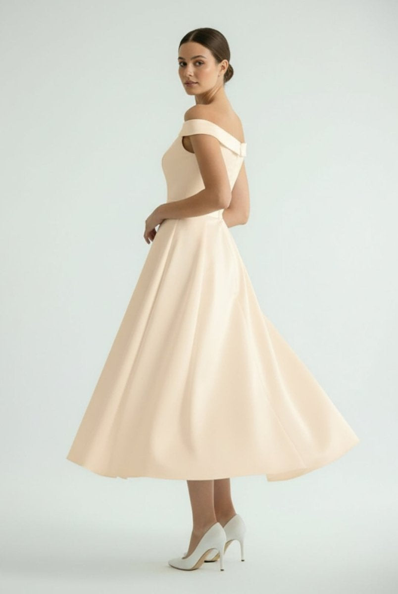 Sleeveless Tea - Length Satin Wedding Dress With Sash And Off - The - Shoulder Neck - KissProm