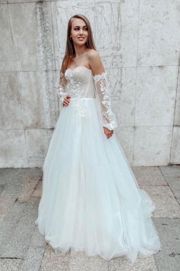 Sleeves Sweetheart A-Line Lace Detachable Sleeves Lace Wedding Dress Diamond White / 20 Sleeves Sweetheart A-Line Lace Detachable Sleeves Lace Wedding Dress Diamond White / 20