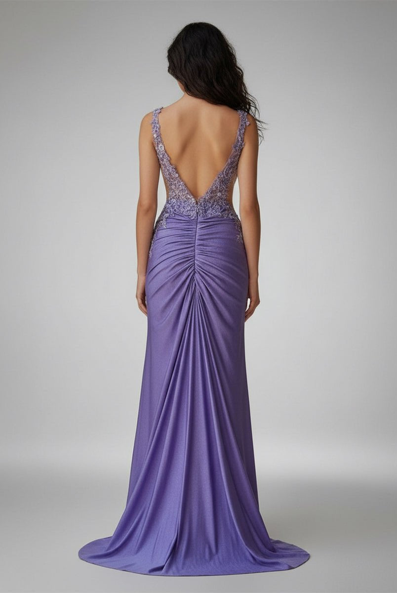 KissProm-Solstice Charming Mermaid V Neck Lavender Slit Prom Dresses with Appliques