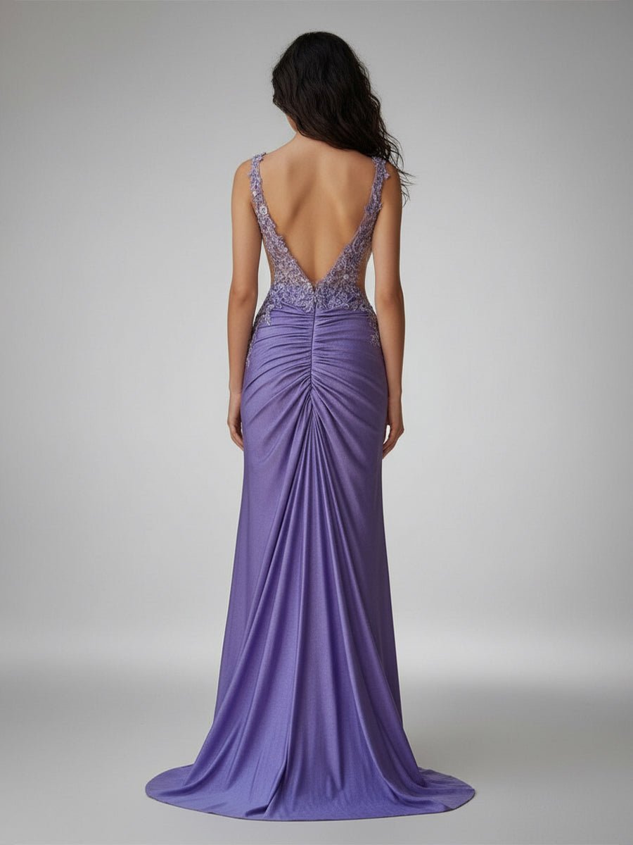 KissProm-Solstice Charming Mermaid V Neck Lavender Slit Prom Dresses with Appliques