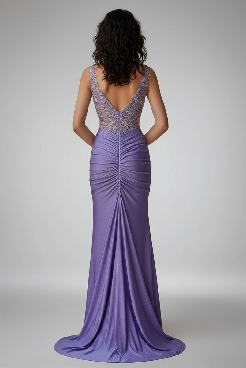 KissProm-Solstice Charming Mermaid V Neck Lavender Slit Prom Dresses with Appliques