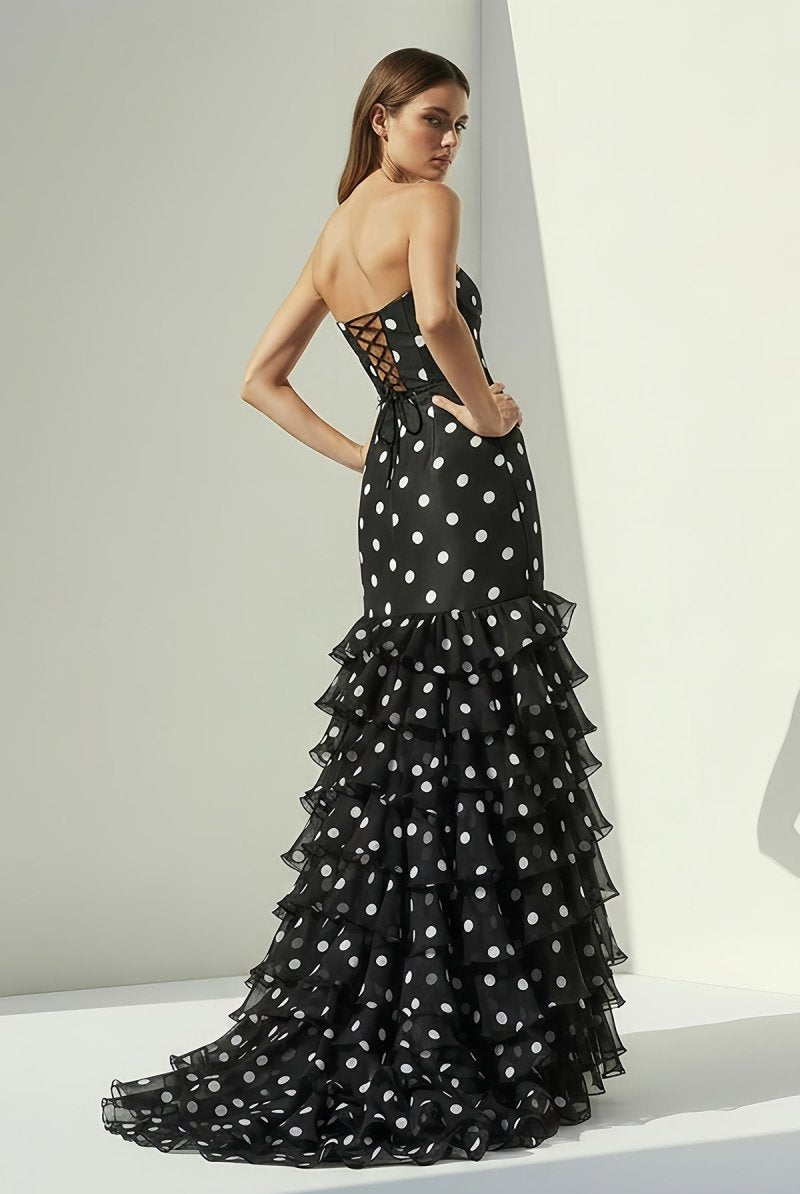 Solvane | Black - Strapless Sheath Polka Dots Chiffon Ruffled Prom Dresses With Bow - KissProm