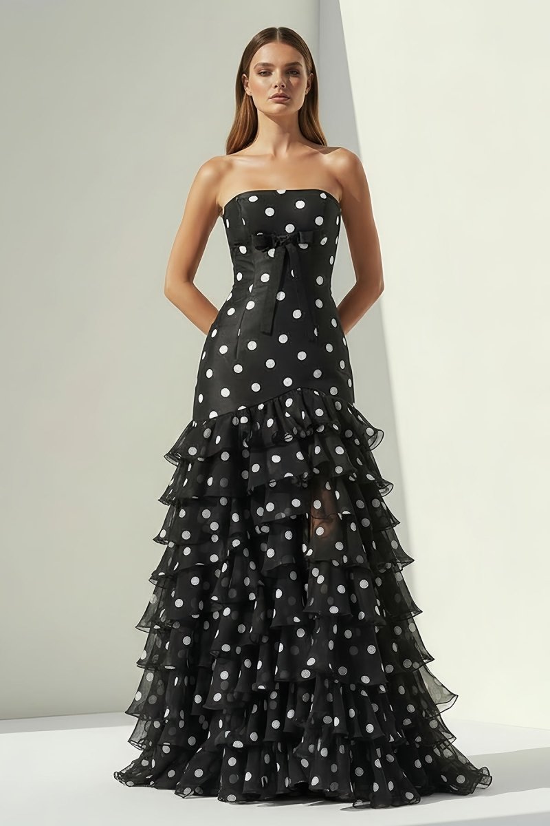 Solvane | Black - Strapless Sheath Polka Dots Chiffon Ruffled Prom Dresses With Bow - KissProm