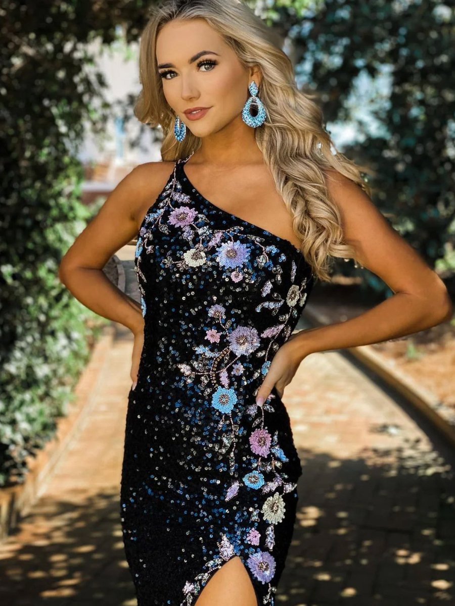 Soren | Mermaid One Shoulder Black Sequins Long Prom Dresses with Sequins Flowers - KissProm