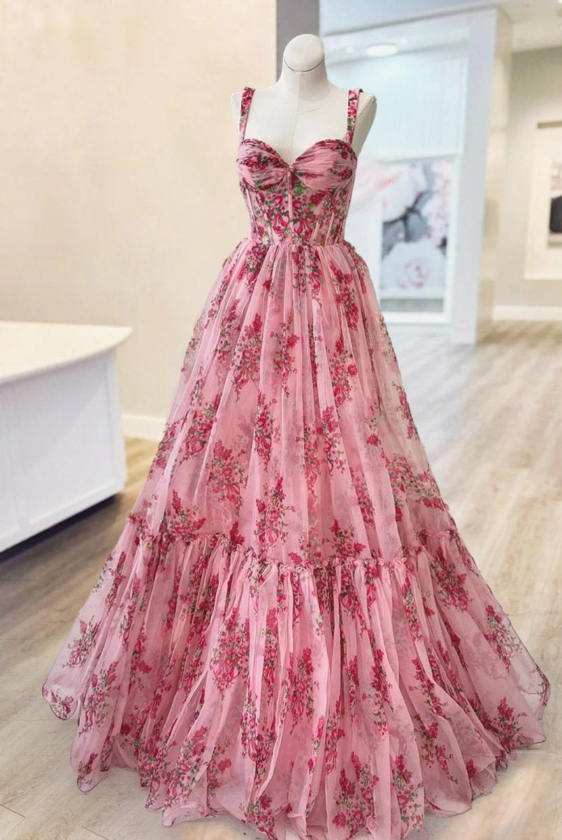 Sosi | Pink Sweetheart A Line Floral Printed Chiffon Long Prom Dress With Bow