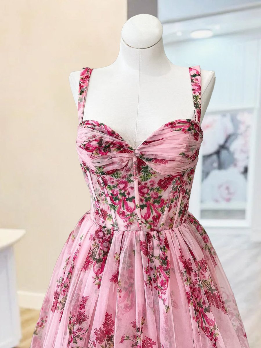 Sosi | Pink Sweetheart A Line Floral Printed Chiffon Long Prom Dress With Bow