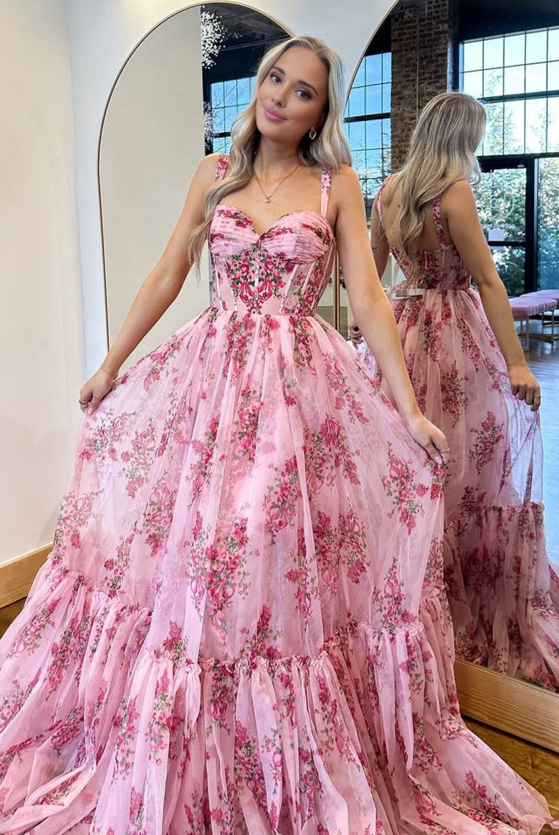 Sosi | Pink Sweetheart A Line Floral Printed Chiffon Long Prom Dress With Bow