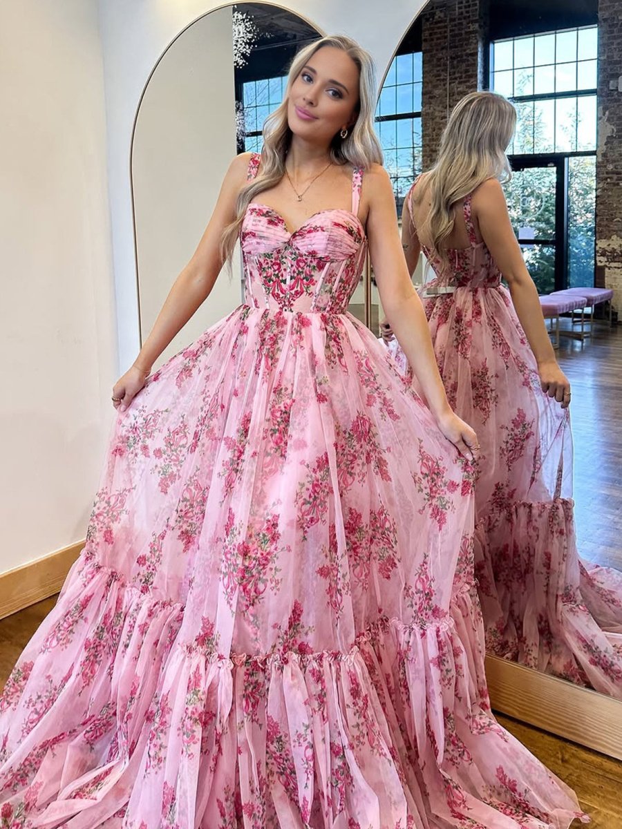 Sosi | Pink Sweetheart A Line Floral Printed Chiffon Long Prom Dress With Bow