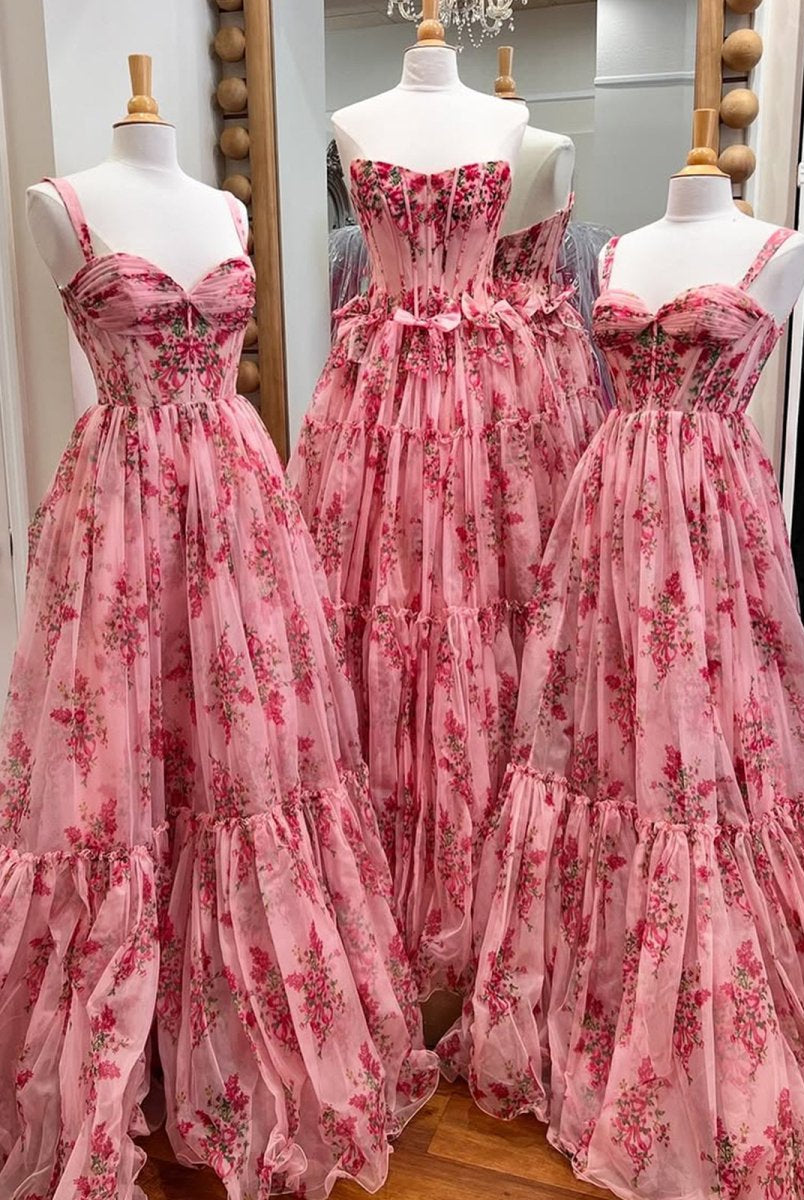 Sosi | Pink Sweetheart A Line Floral Printed Chiffon Long Prom Dress With Bow