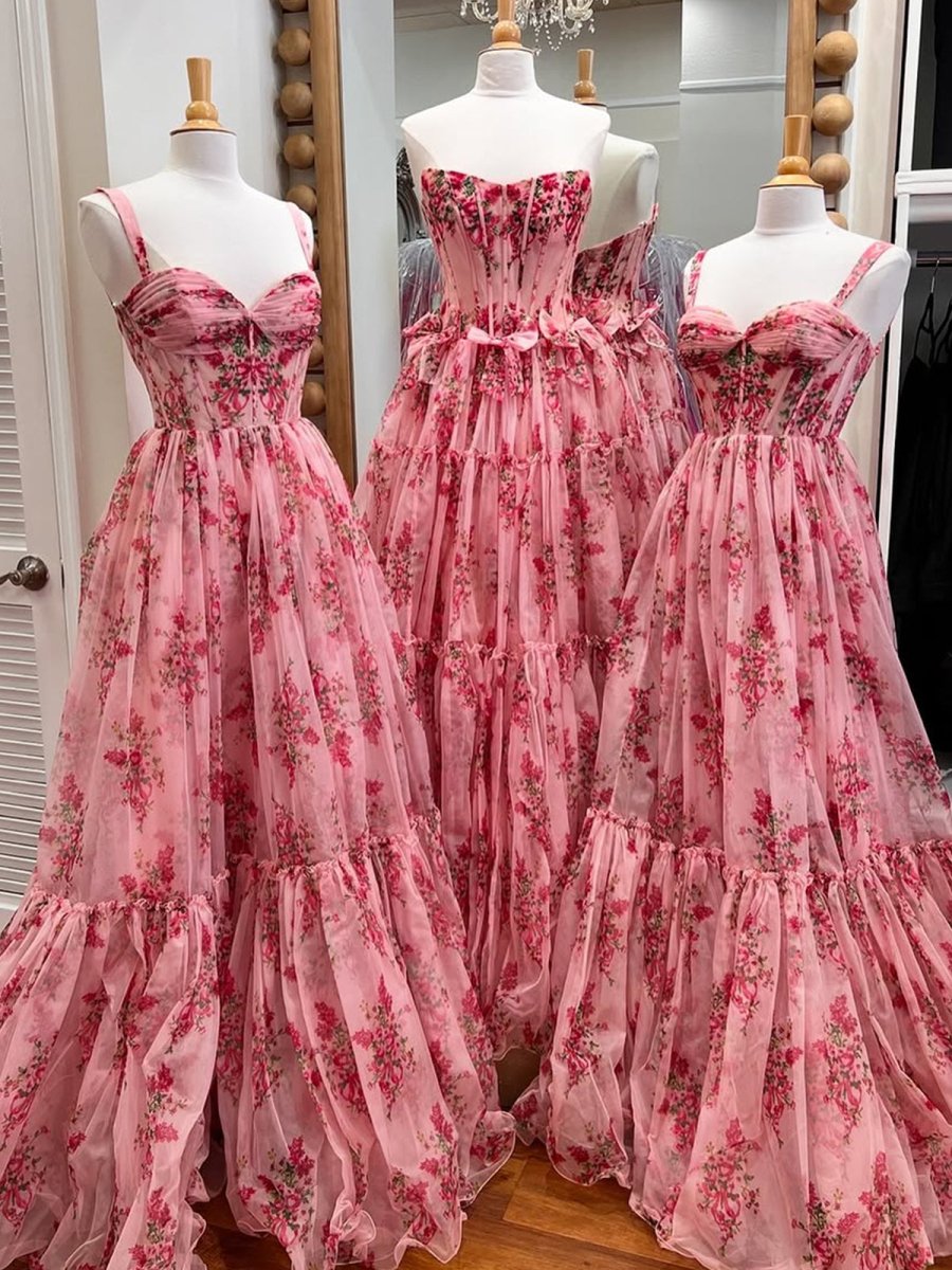 Sosi | Pink Sweetheart A Line Floral Printed Chiffon Long Prom Dress With Bow