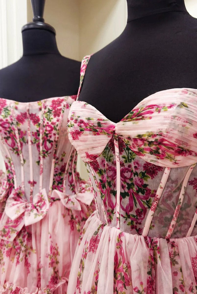 Sosi | Pink Sweetheart A Line Floral Printed Chiffon Long Prom Dress With Bow
