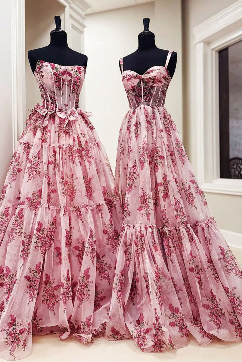 Sosi | Pink Sweetheart A Line Floral Printed Chiffon Long Prom Dress With Bow