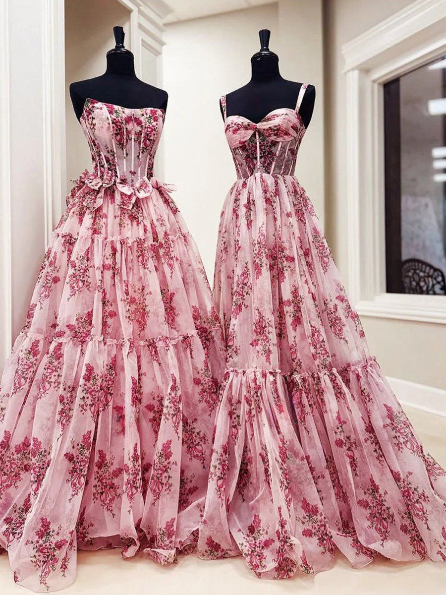Sosi | Pink Sweetheart A Line Floral Printed Chiffon Long Prom Dress With Bow