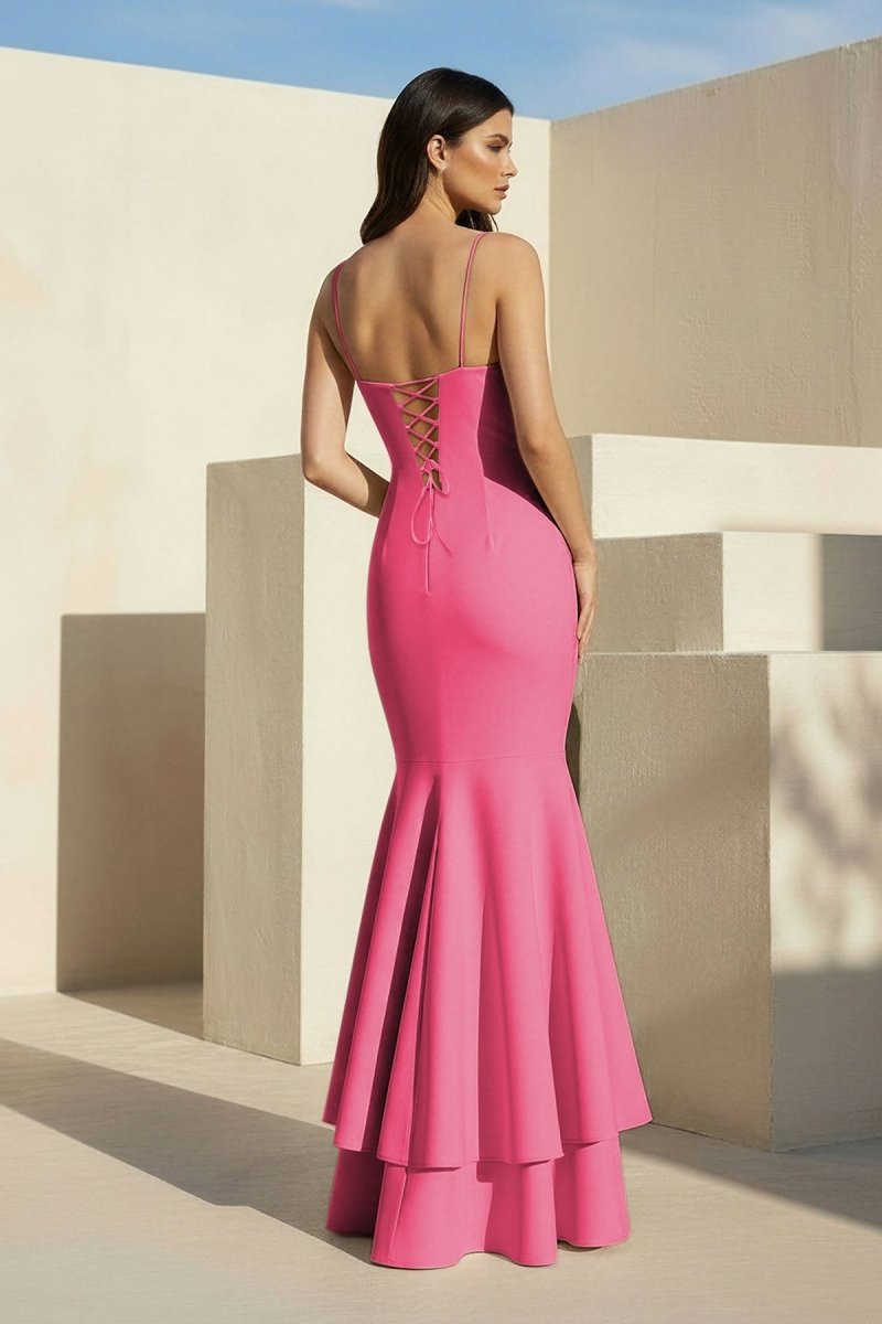 Spade | Pink Spaghetti Straps Mermaid Satin Long Prom Dress - KissProm