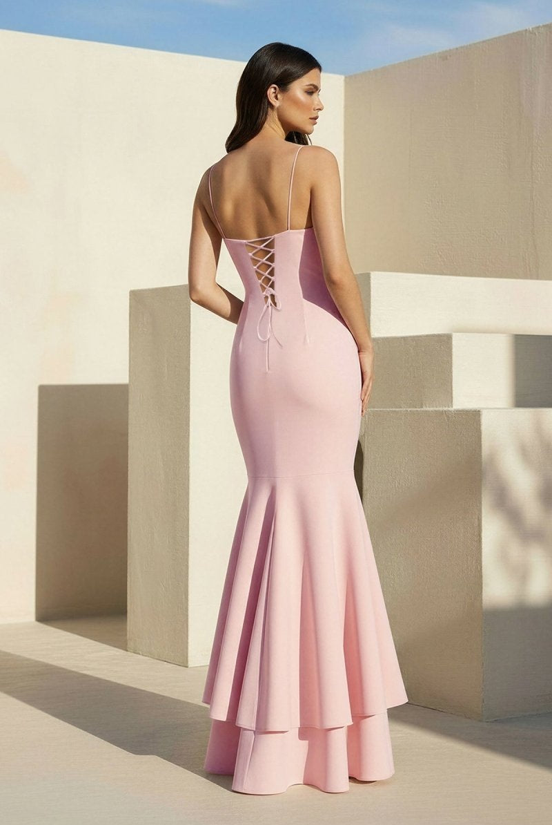 Spade | Pink Spaghetti Straps Mermaid Satin Long Prom Dress - KissProm