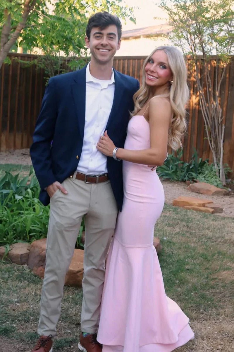 Spade | Pink Spaghetti Straps Mermaid Satin Long Prom Dress - KissProm