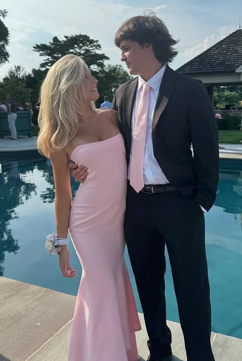 Spade | Pink Spaghetti Straps Mermaid Satin Long Prom Dress - KissProm