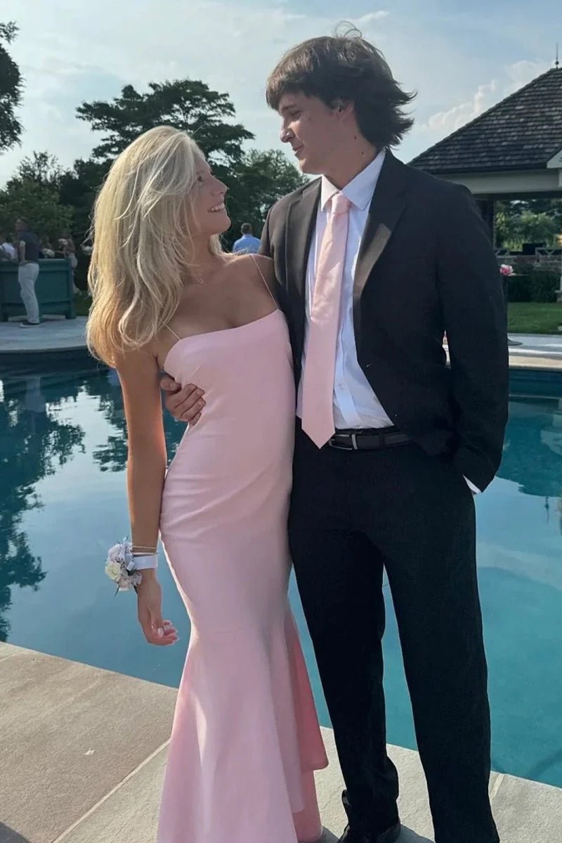 Spade | Pink Spaghetti Straps Mermaid Satin Long Prom Dress - KissProm