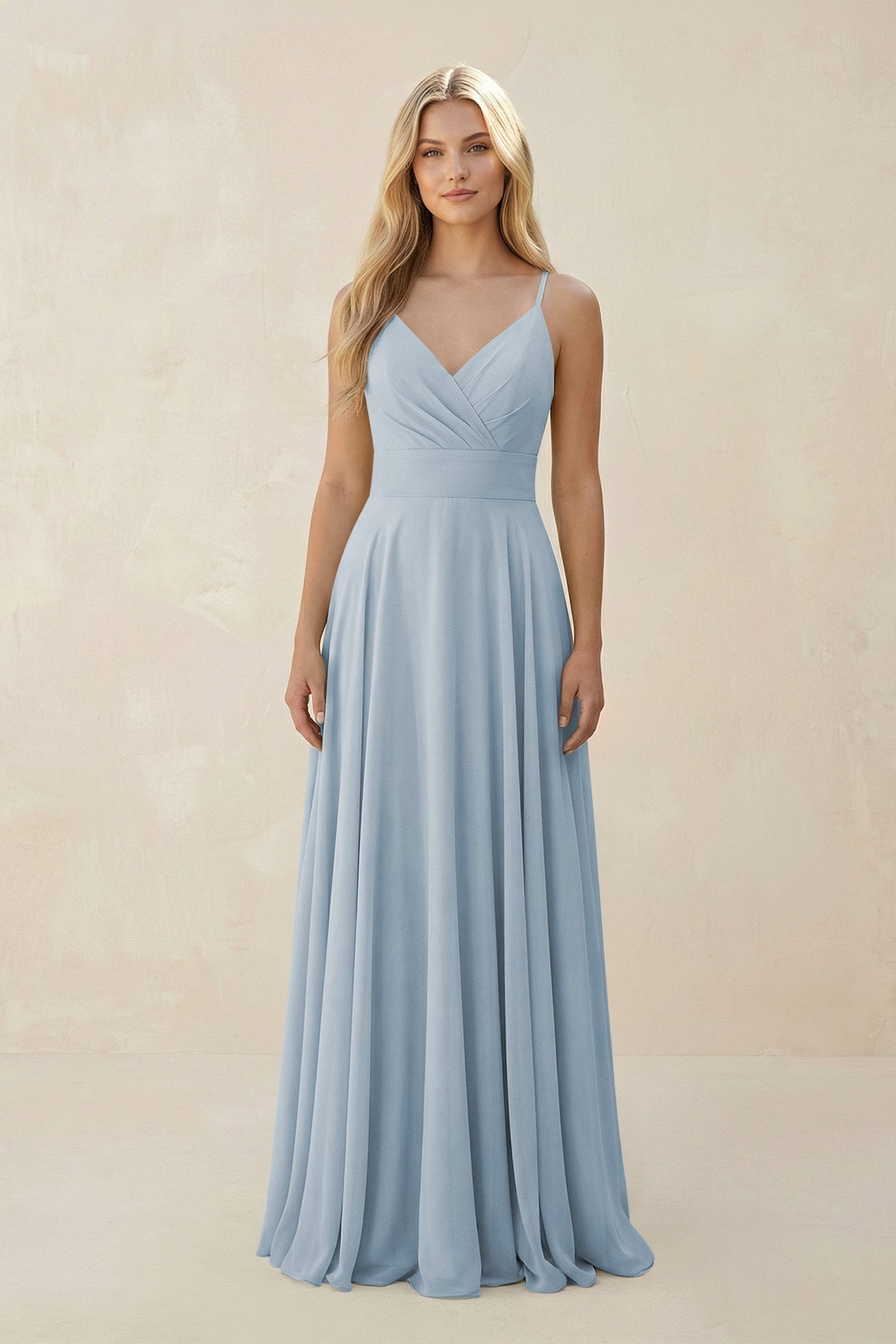 KissProm Spaghetti Strap A-Line Chiffon Bridesmaid Dress in Dusty Blue, Dusty Blue / 26