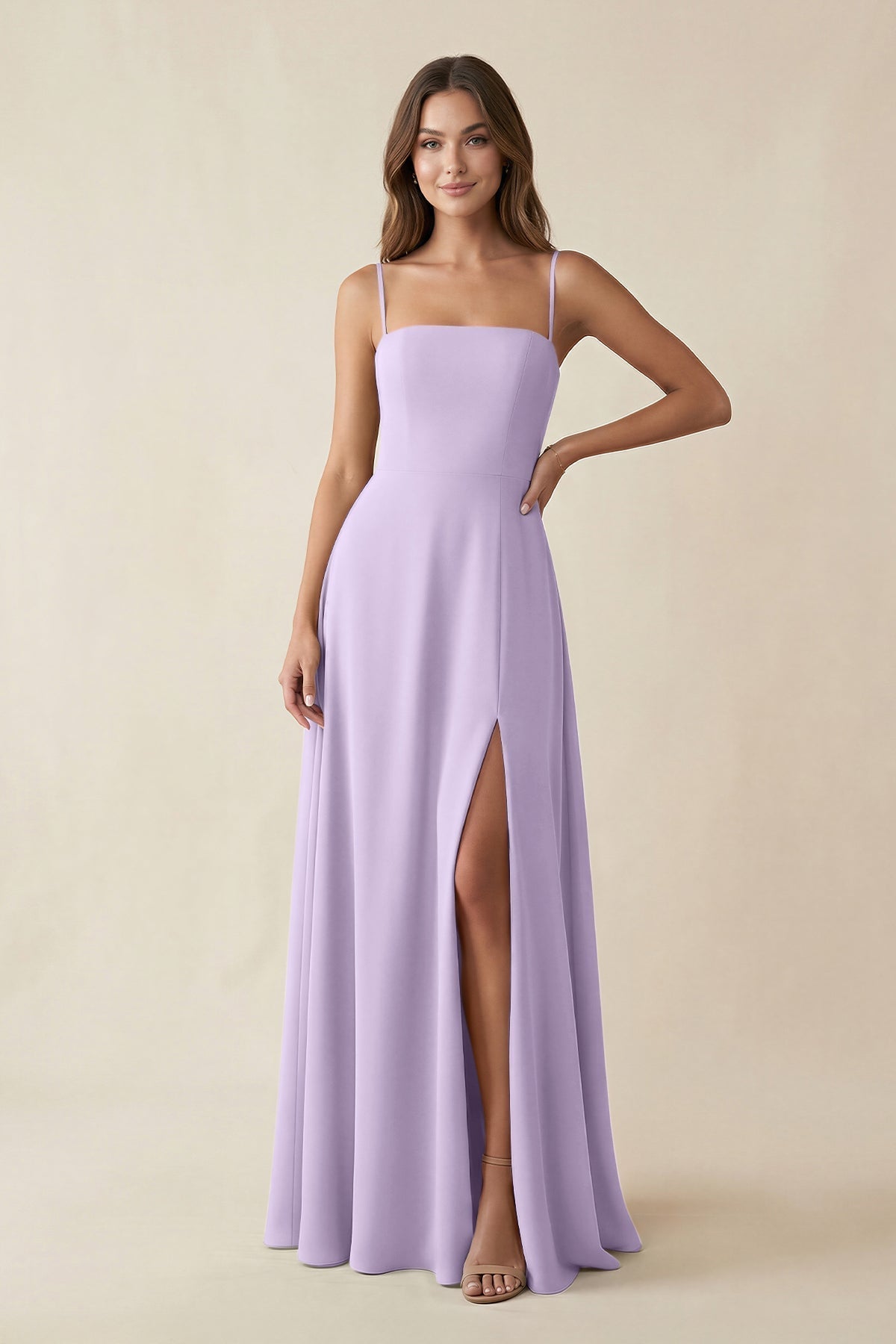 KissProm Spaghetti Strap A-Line Chiffon Maxi Bridesmaid Dress in Lavender, Lavender / 16