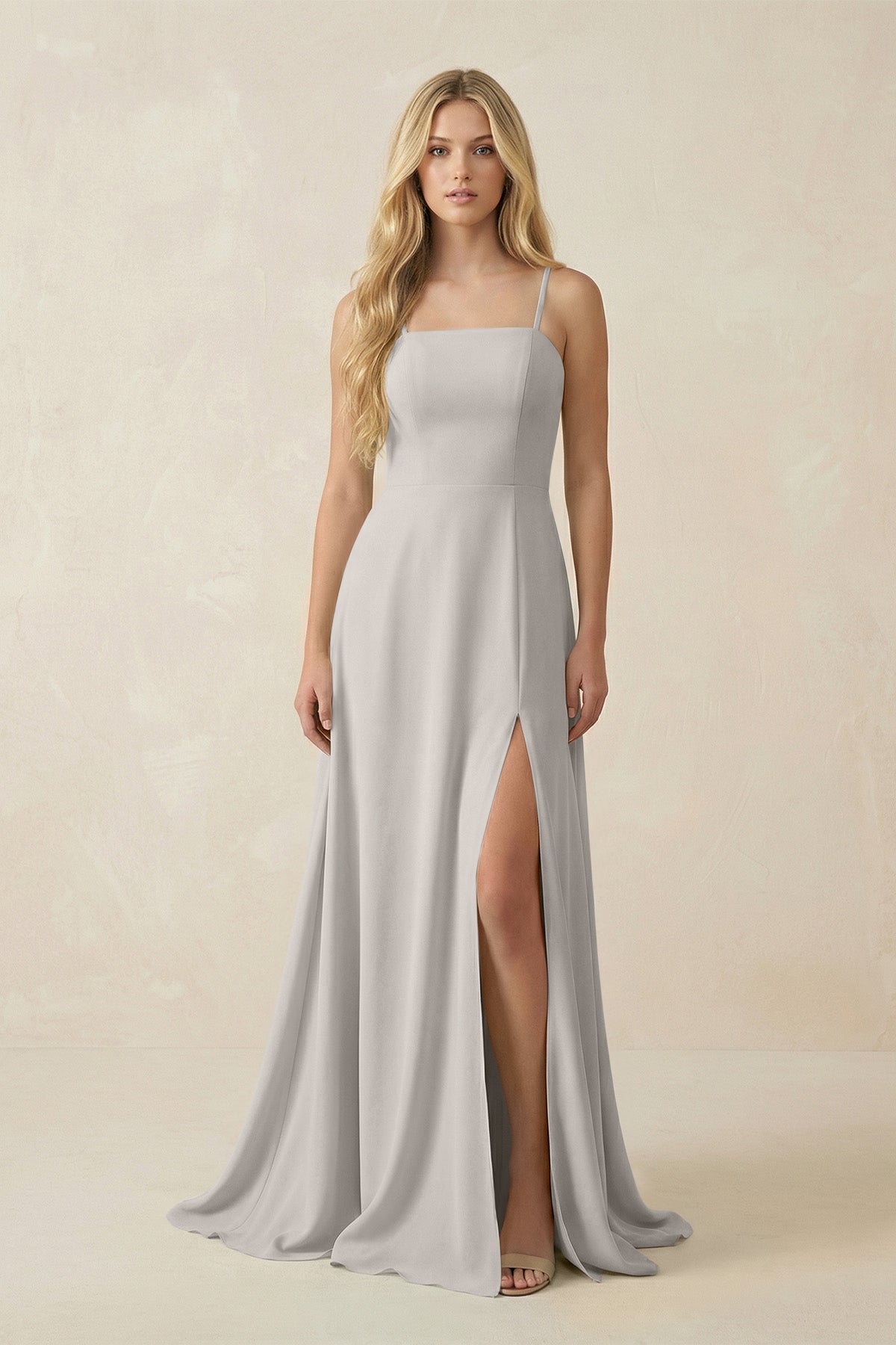KissProm Spaghetti Strap Chiffon A-Line Bridesmaid Dress in Silver, Silver / 14