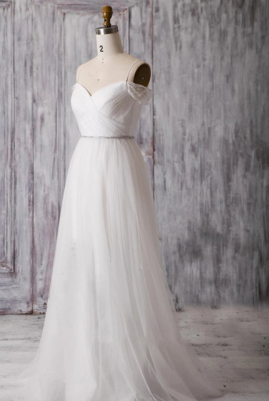 Spaghetti Strap Long A-Line Tulle Wedding Dress with Crisscross Ruching