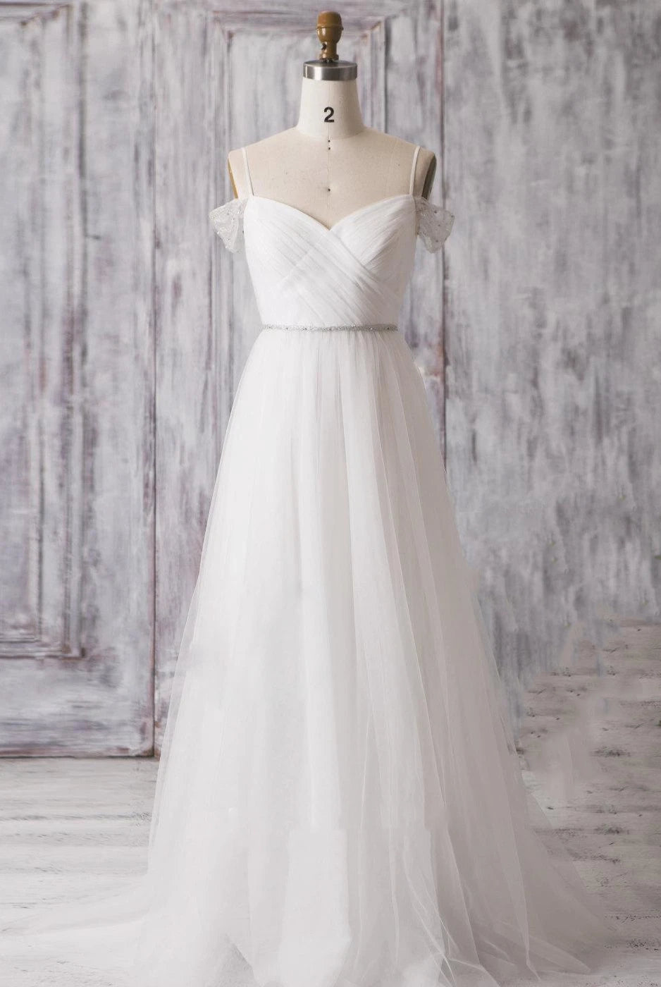 Spaghetti Strap Long A-Line Tulle Wedding Dress with Crisscross Ruching