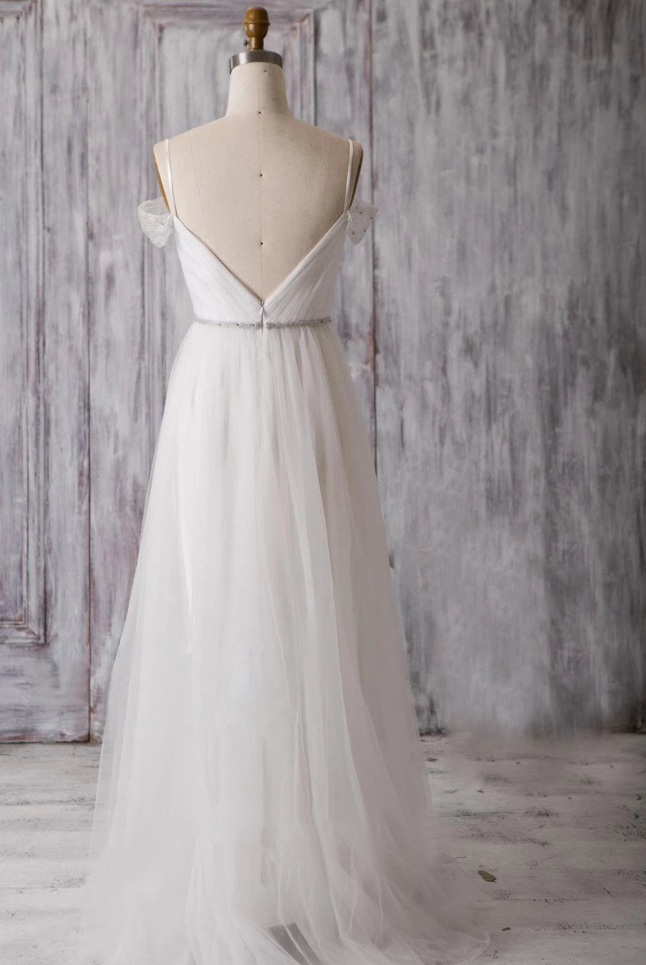Spaghetti Strap Long A-Line Tulle Wedding Dress with Crisscross Ruching