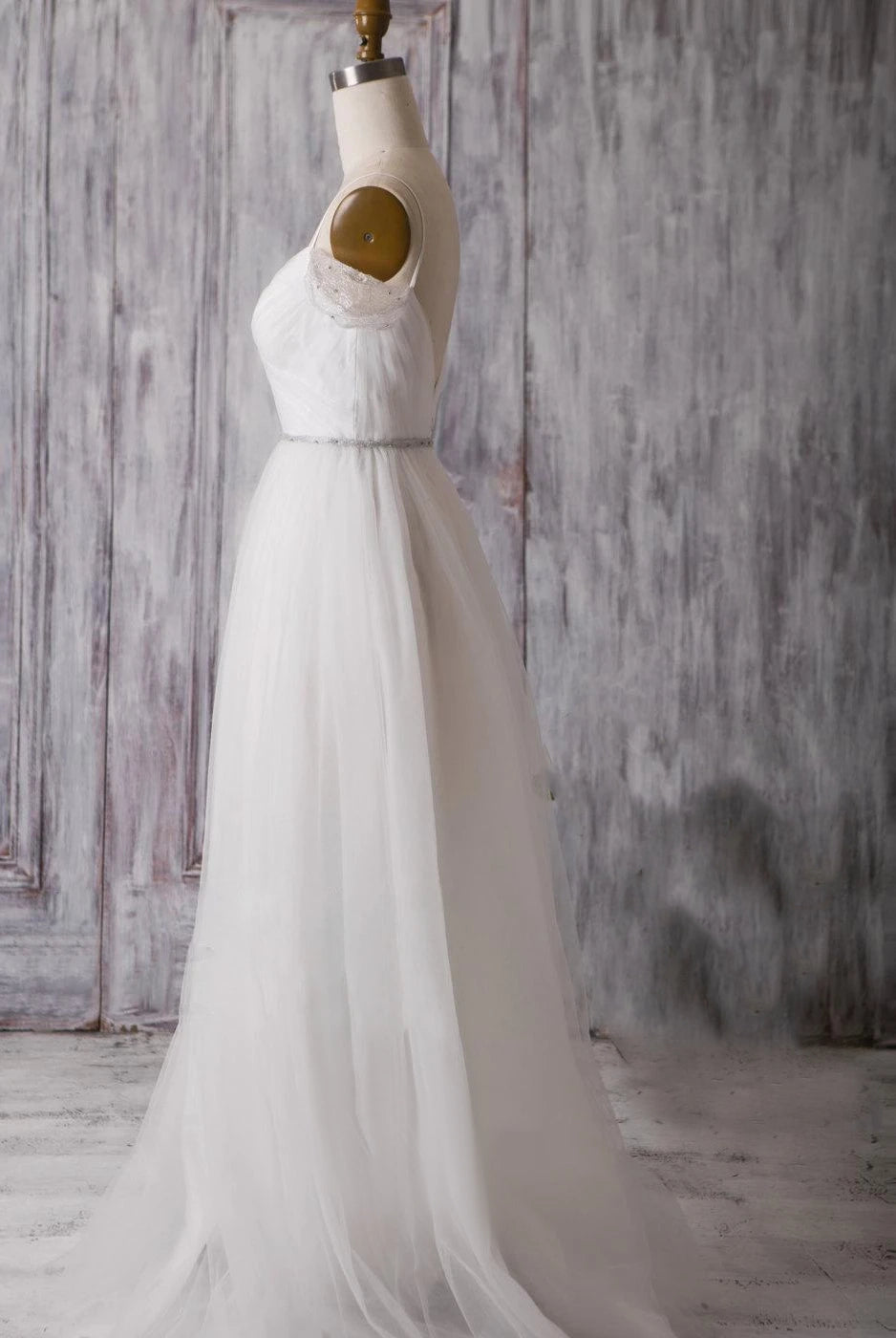 Spaghetti Strap Long A-Line Tulle Wedding Dress with Crisscross Ruching