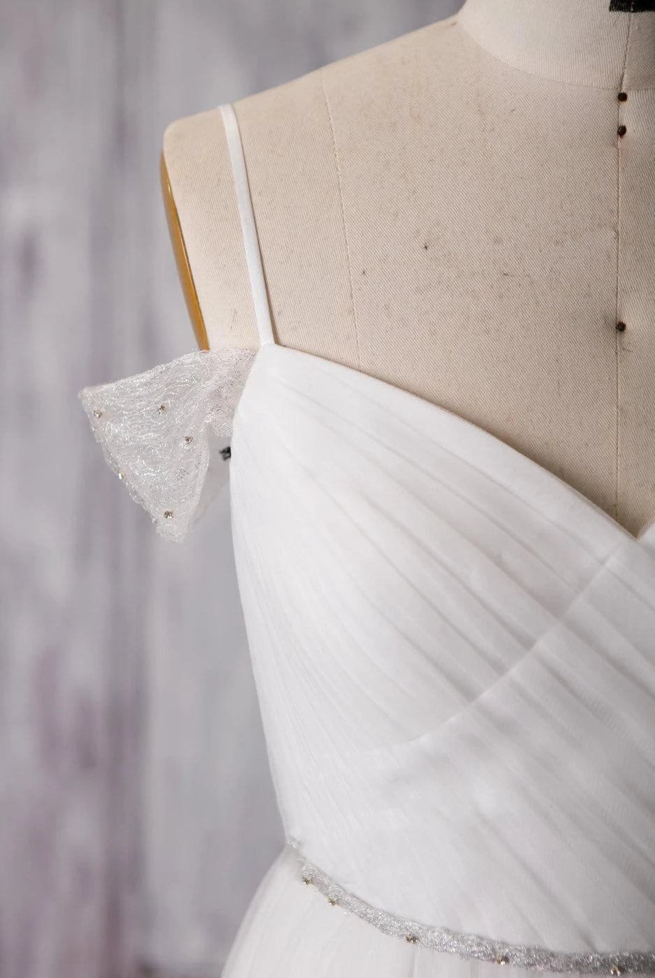 Spaghetti Strap Long A-Line Tulle Wedding Dress with Crisscross Ruching