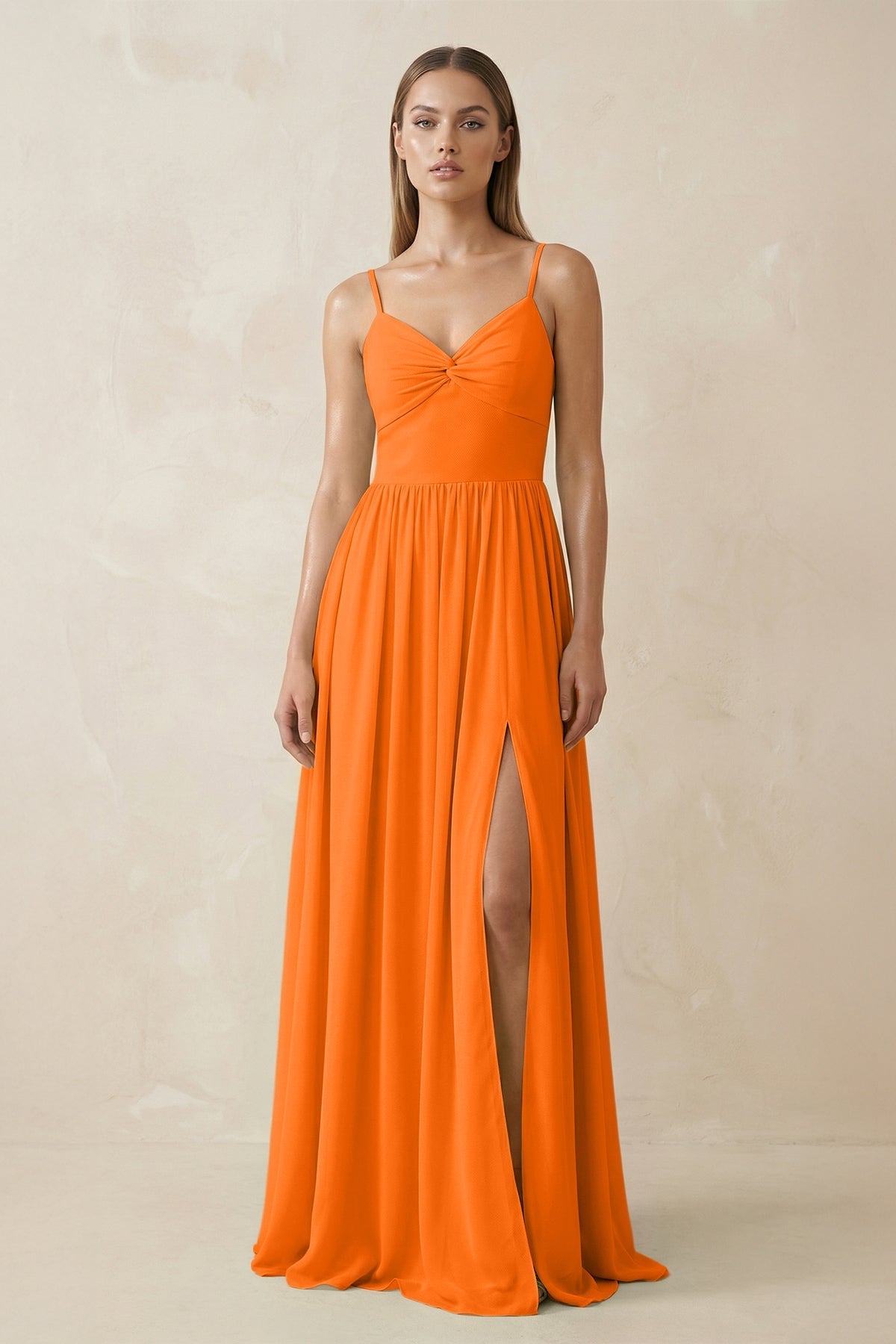 KissProm Spaghetti Strap Pleated A-Line Chiffon Bridesmaid Dress in Cinnamon, Cinnamon / 2