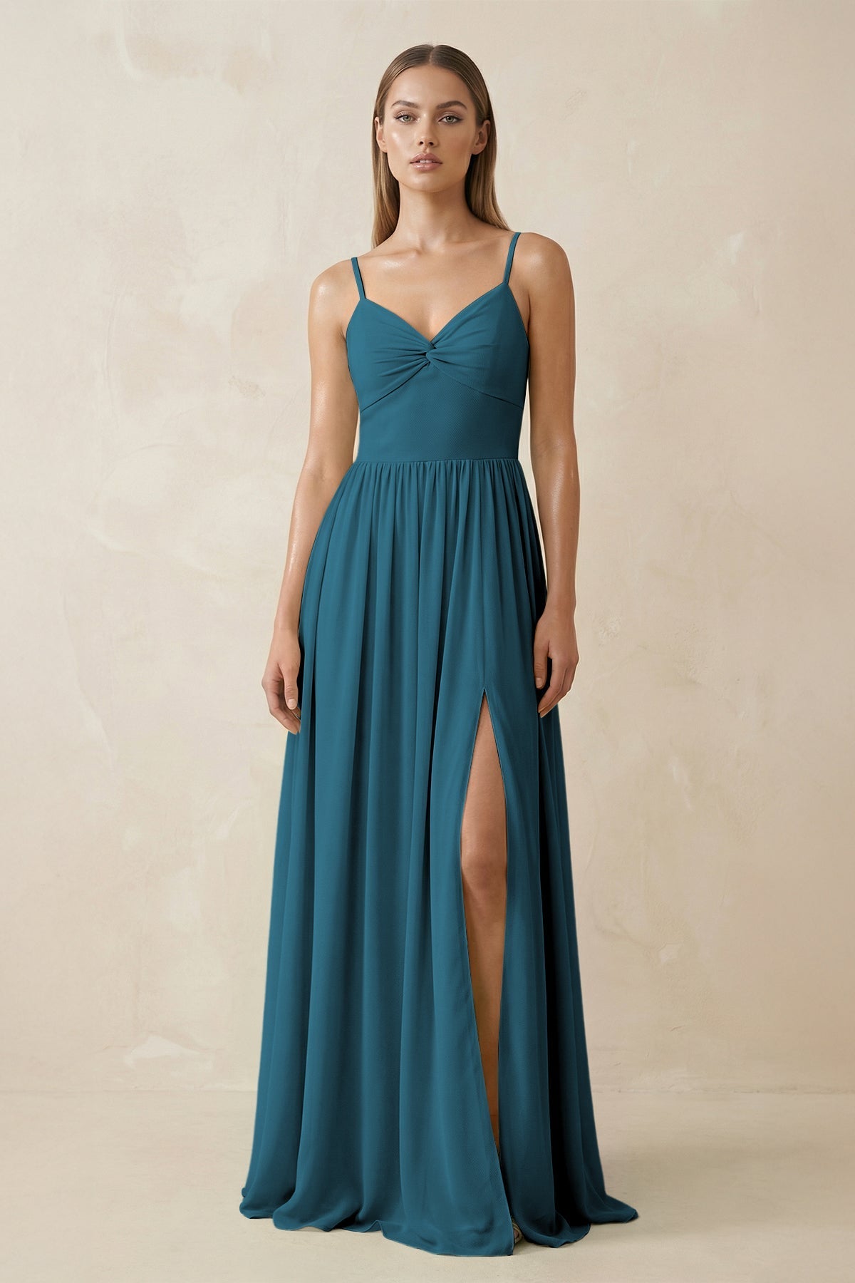 KissProm Spaghetti Strap Pleated A-Line Chiffon Bridesmaid Dress in Dark Teal, Dark Teal / 30