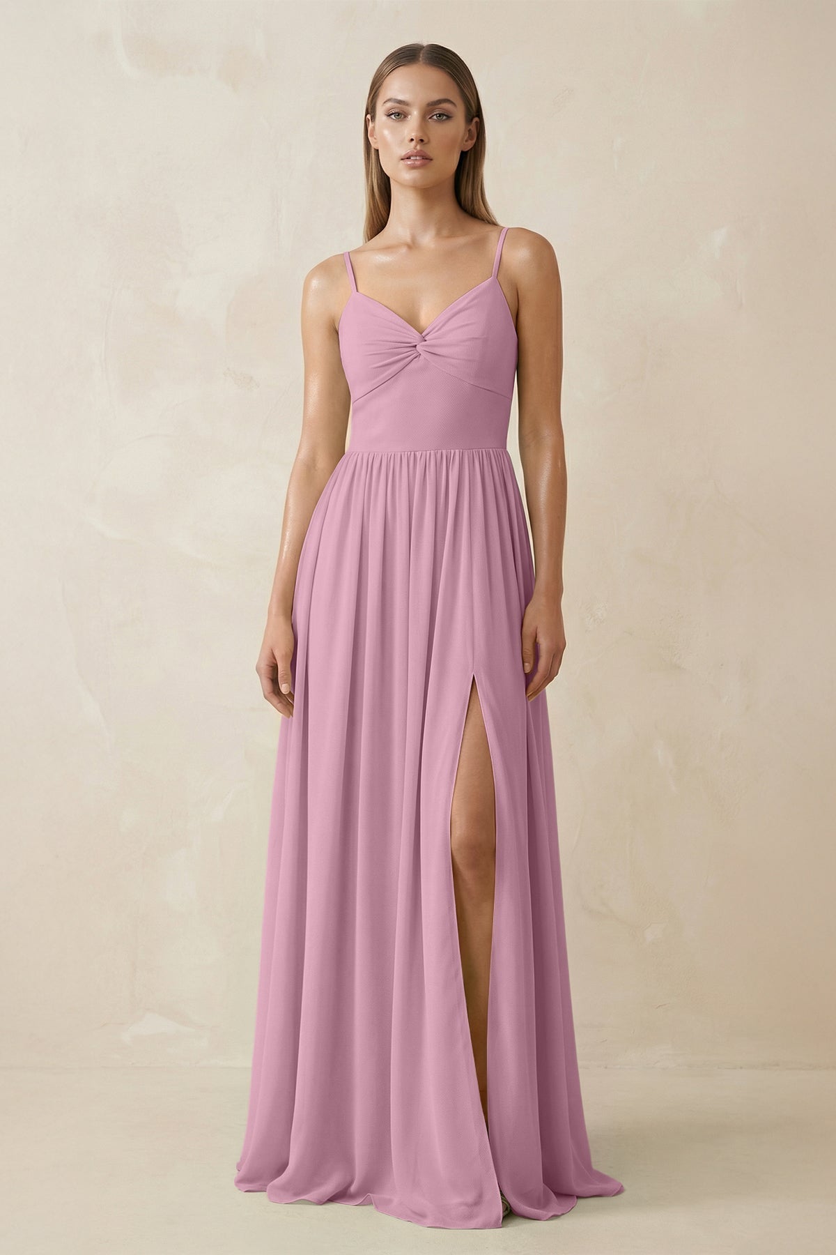 KissProm Spaghetti Strap Pleated A-Line Chiffon Bridesmaid Dress in Vintage Mauve, Vintage Mauve / 12