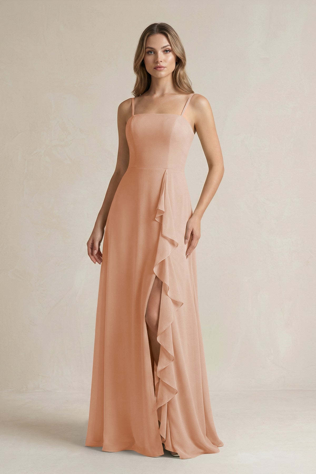 KissProm Spaghetti Strap Ruffled A-Line Chiffon Bridesmaid Dress in Champagne Rose, Champagne Rose / 16