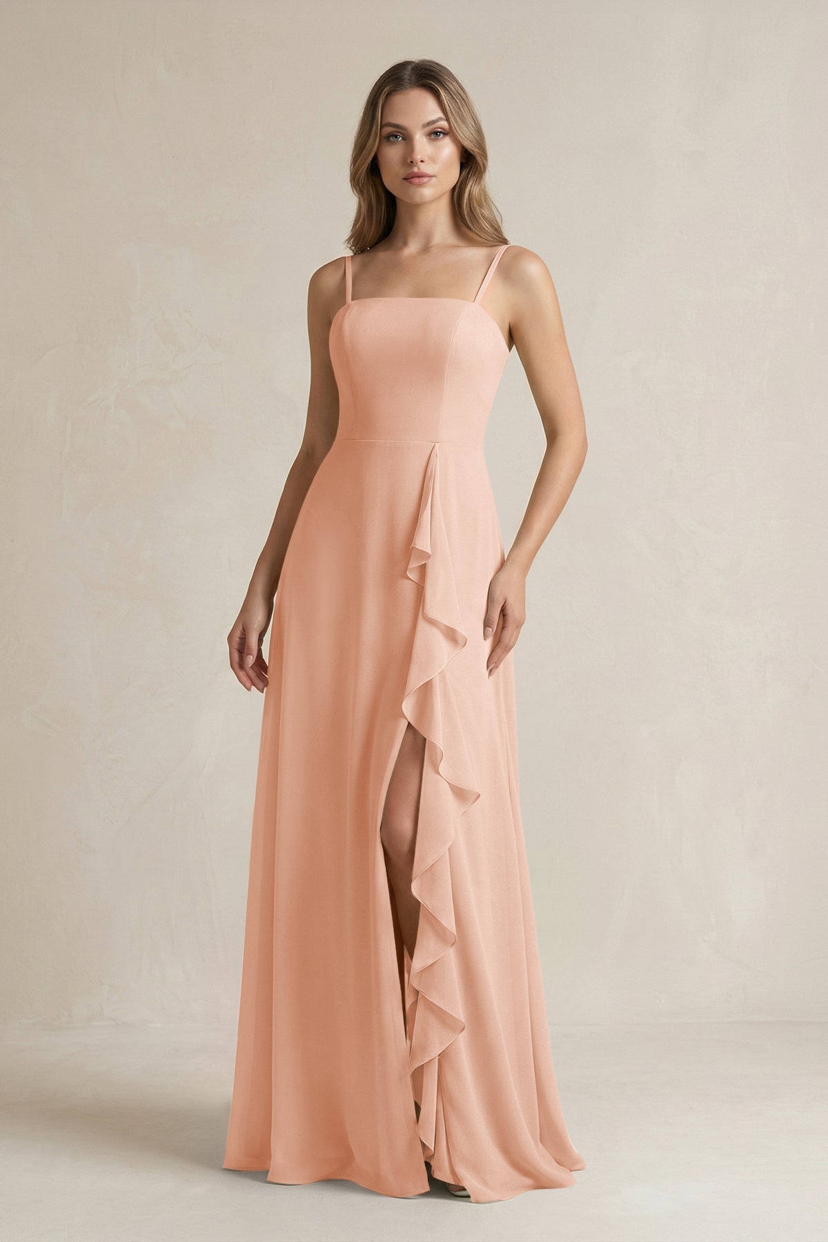 Spaghetti Strap Ruffled A-Line Chiffon Bridesmaid Dress in English Rose