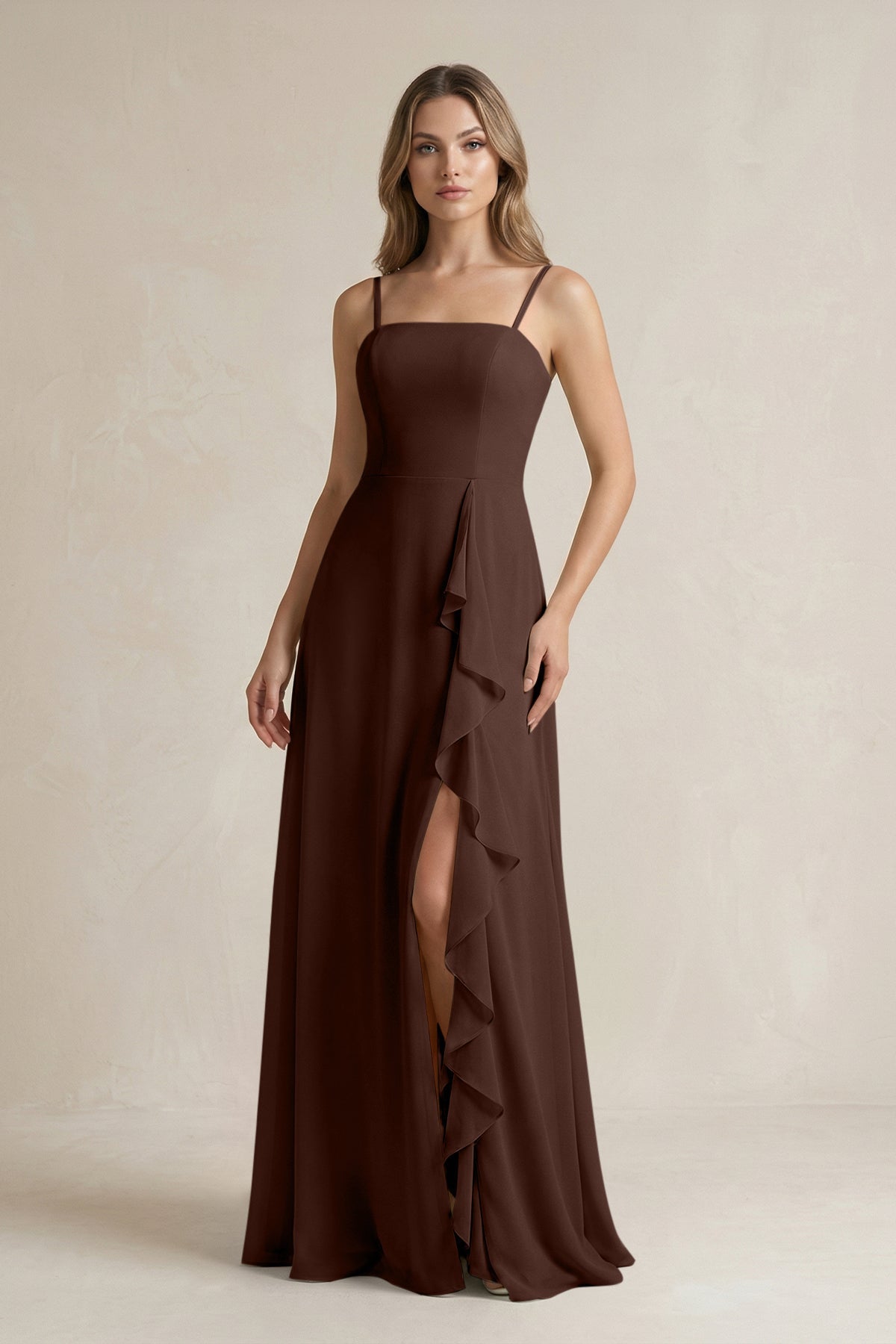 KissProm Spaghetti Strap Ruffled A-Line Chiffon Bridesmaid Dress in Espresso, Espresso / Custom Size( Free )