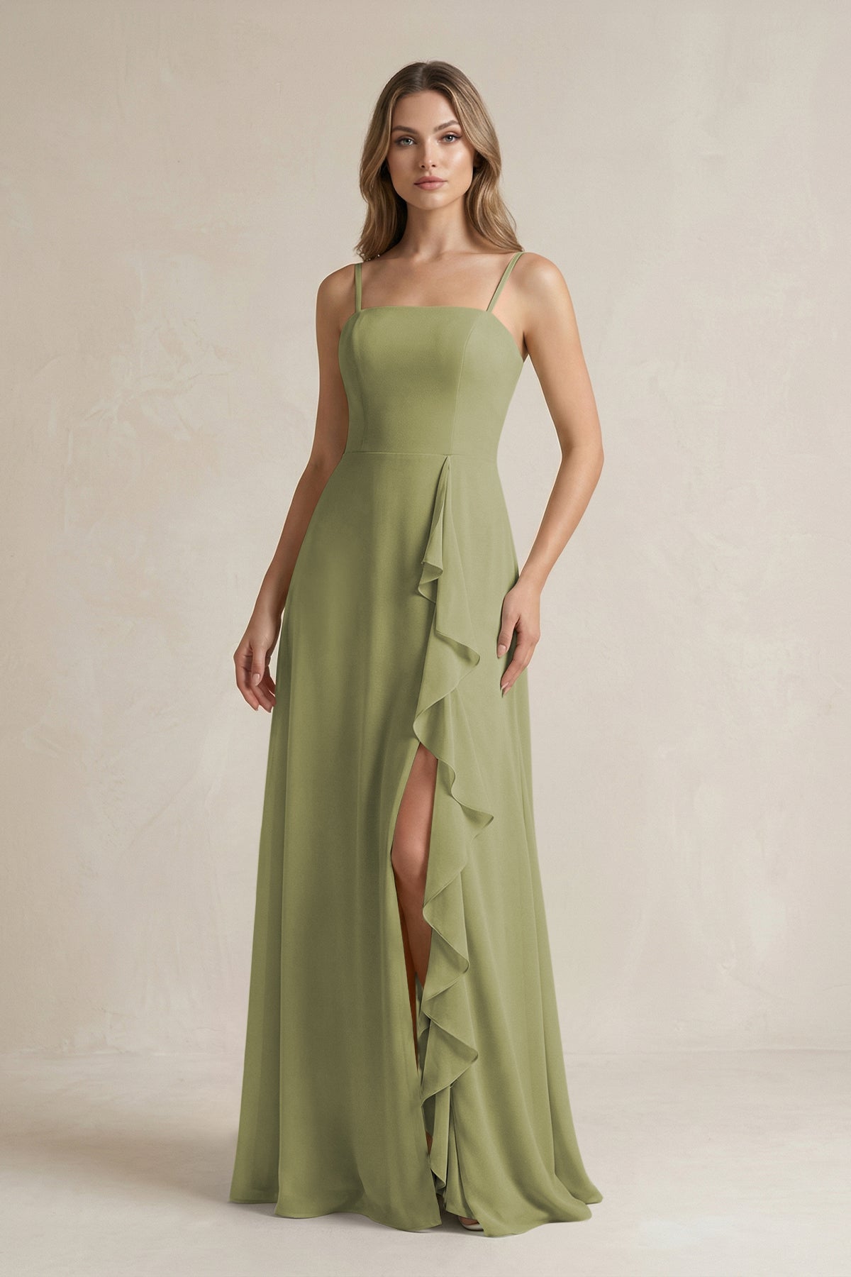 chiffon moss green dress KissProm Spaghetti Strap Ruffled A-Line Bridesmaid in Green, Moss / 30 atr_2ndtype-ButtonShirts