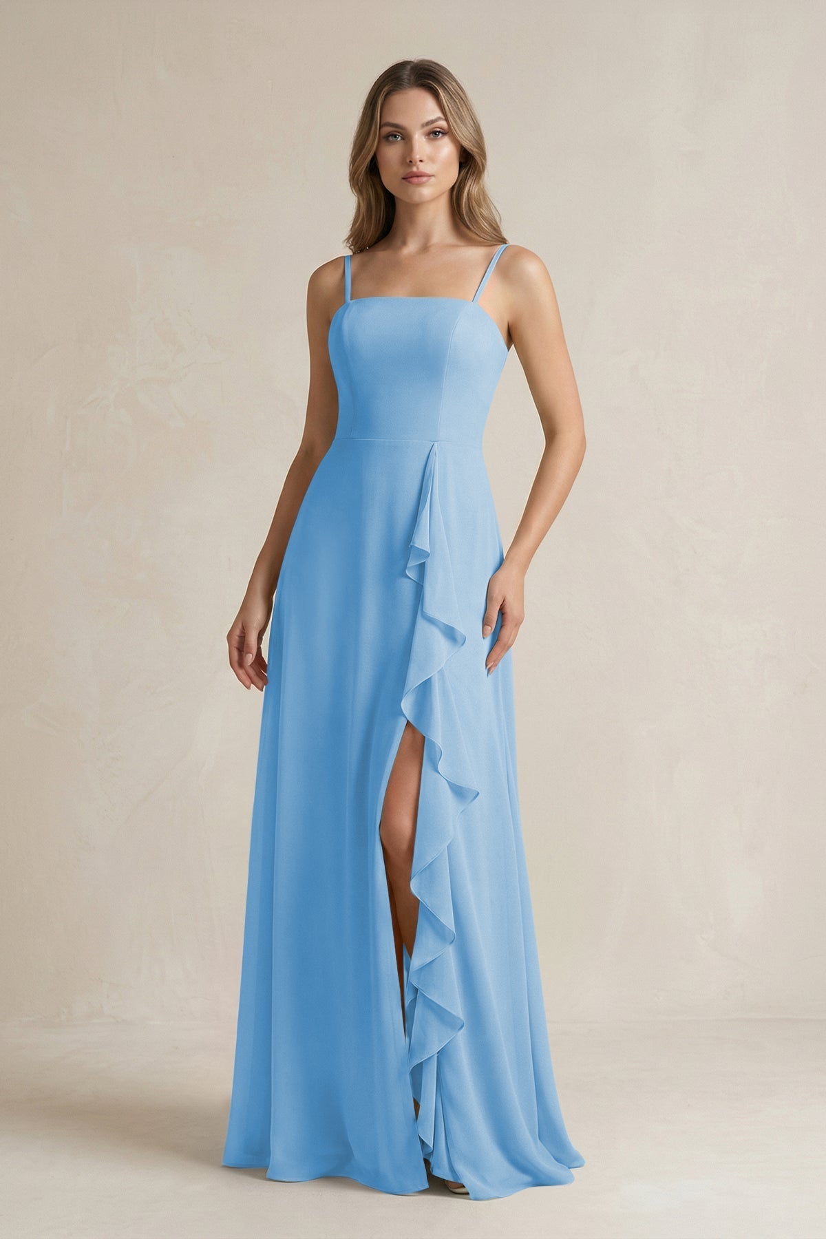 steel blue dresses KissProm Spaghetti Strap Ruffled A-Line Chiffon Bridesmaid Dress in Blue, Steel / 8 Size:C long-sleeve-dresses This KissProm bridesmaid dress Naked Wardrobe Black Ribbed